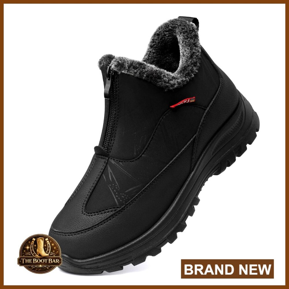 Waterproof Winter Snow Boots With Faux Fur Lining, Slip On Ankle Booties